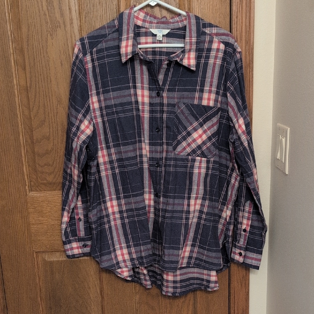 Time and Tru Plaid Button-Up Blouse - Navy and Red